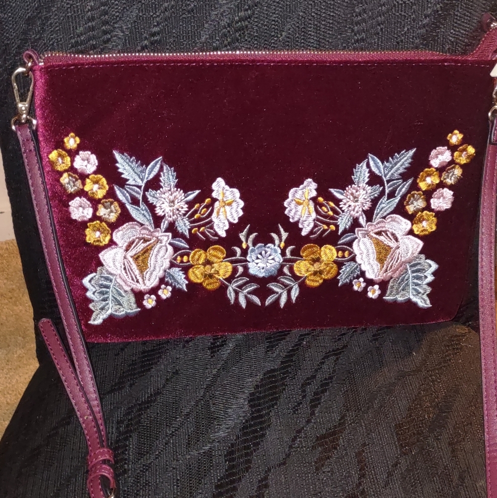 Embroidered Burgundy Floral Velvet Shoulder, Crossbody, Clutch Handbag.